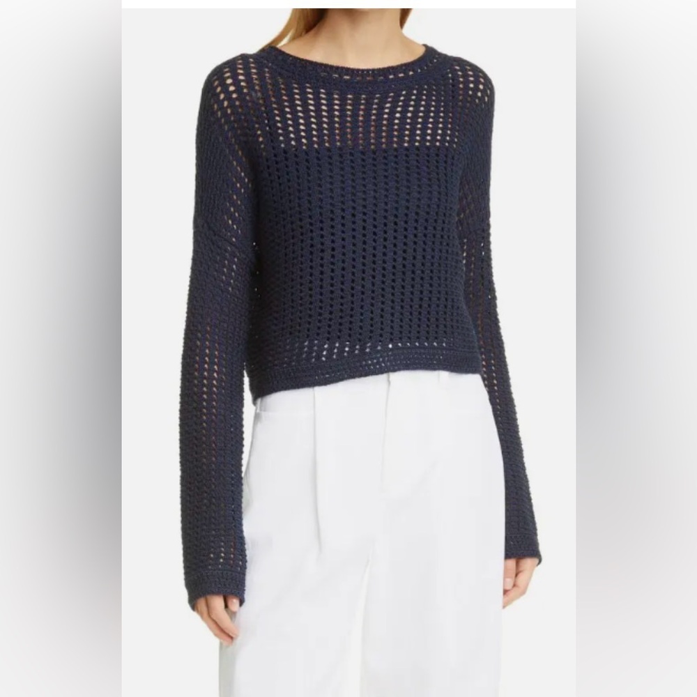Vince Navy Coastal Blue Women’s Crochet Pullover Sweater Size Large